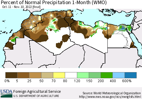 North Africa Percent of Normal Precipitation 1-Month (WMO) Thematic Map For 10/11/2022 - 11/10/2022