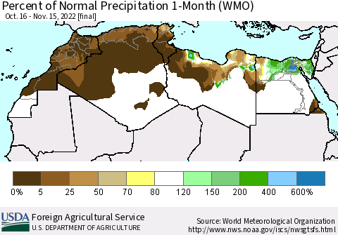 North Africa Percent of Normal Precipitation 1-Month (WMO) Thematic Map For 10/16/2022 - 11/15/2022