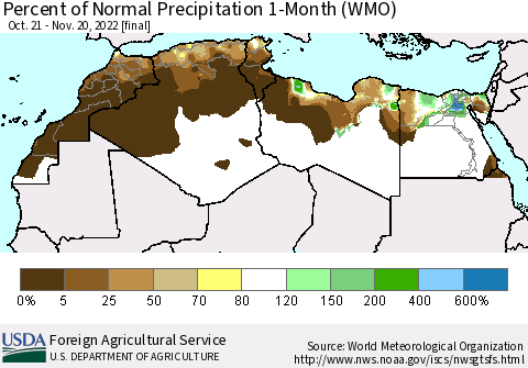 North Africa Percent of Normal Precipitation 1-Month (WMO) Thematic Map For 10/21/2022 - 11/20/2022