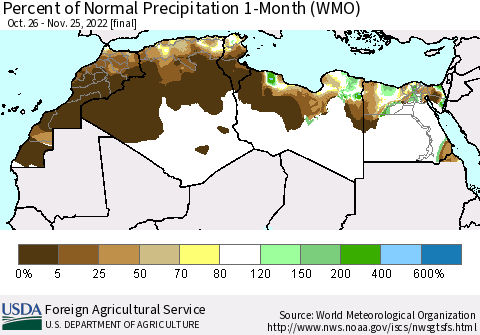 North Africa Percent of Normal Precipitation 1-Month (WMO) Thematic Map For 10/26/2022 - 11/25/2022