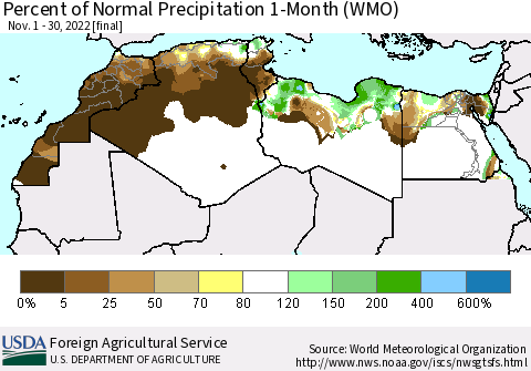 North Africa Percent of Normal Precipitation 1-Month (WMO) Thematic Map For 11/1/2022 - 11/30/2022