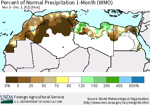 North Africa Percent of Normal Precipitation 1-Month (WMO) Thematic Map For 11/6/2022 - 12/5/2022