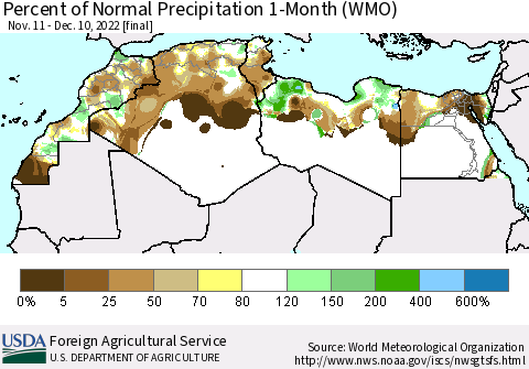 North Africa Percent of Normal Precipitation 1-Month (WMO) Thematic Map For 11/11/2022 - 12/10/2022