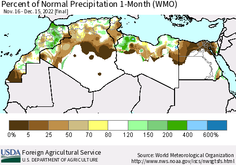North Africa Percent of Normal Precipitation 1-Month (WMO) Thematic Map For 11/16/2022 - 12/15/2022