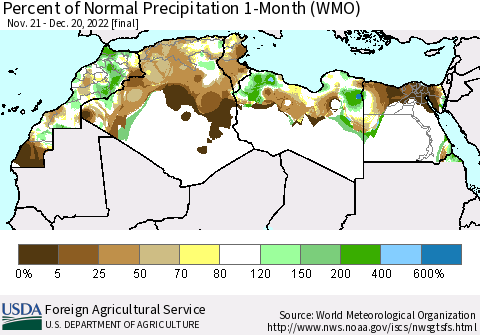 North Africa Percent of Normal Precipitation 1-Month (WMO) Thematic Map For 11/21/2022 - 12/20/2022