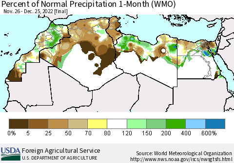 North Africa Percent of Normal Precipitation 1-Month (WMO) Thematic Map For 11/26/2022 - 12/25/2022