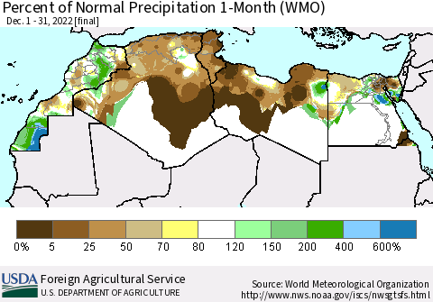 North Africa Percent of Normal Precipitation 1-Month (WMO) Thematic Map For 12/1/2022 - 12/31/2022
