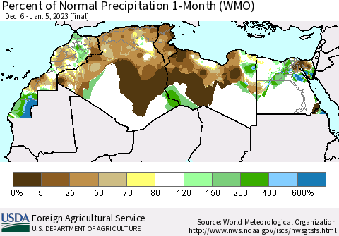 North Africa Percent of Normal Precipitation 1-Month (WMO) Thematic Map For 12/6/2022 - 1/5/2023