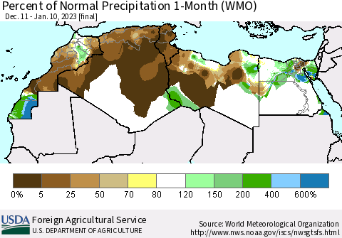 North Africa Percent of Normal Precipitation 1-Month (WMO) Thematic Map For 12/11/2022 - 1/10/2023