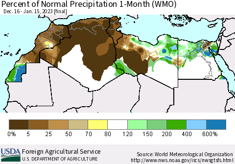 North Africa Percent of Normal Precipitation 1-Month (WMO) Thematic Map For 12/16/2022 - 1/15/2023
