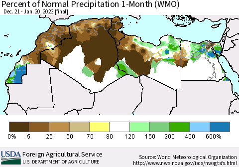 North Africa Percent of Normal Precipitation 1-Month (WMO) Thematic Map For 12/21/2022 - 1/20/2023