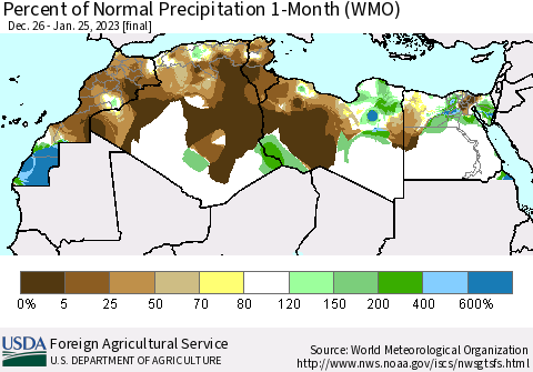North Africa Percent of Normal Precipitation 1-Month (WMO) Thematic Map For 12/26/2022 - 1/25/2023