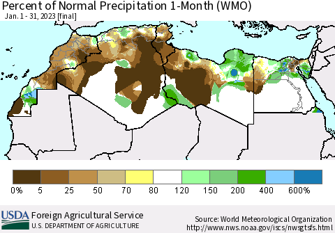 North Africa Percent of Normal Precipitation 1-Month (WMO) Thematic Map For 1/1/2023 - 1/31/2023