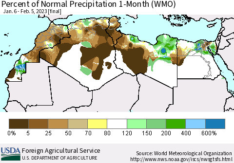 North Africa Percent of Normal Precipitation 1-Month (WMO) Thematic Map For 1/6/2023 - 2/5/2023