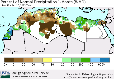 North Africa Percent of Normal Precipitation 1-Month (WMO) Thematic Map For 1/11/2023 - 2/10/2023