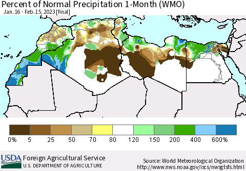 North Africa Percent of Normal Precipitation 1-Month (WMO) Thematic Map For 1/16/2023 - 2/15/2023