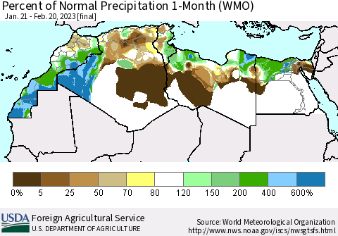 North Africa Percent of Normal Precipitation 1-Month (WMO) Thematic Map For 1/21/2023 - 2/20/2023