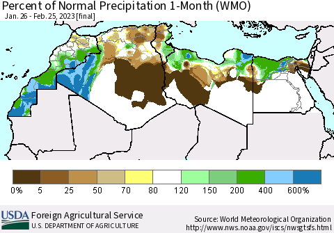 North Africa Percent of Normal Precipitation 1-Month (WMO) Thematic Map For 1/26/2023 - 2/25/2023