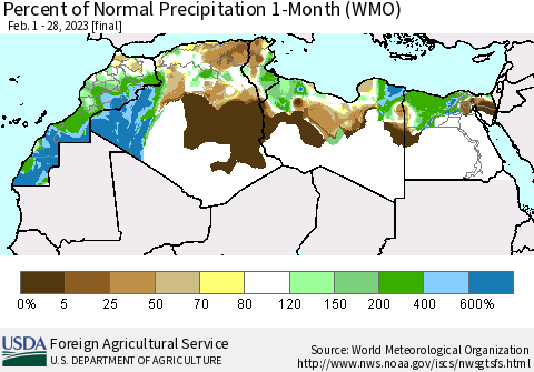 North Africa Percent of Normal Precipitation 1-Month (WMO) Thematic Map For 2/1/2023 - 2/28/2023