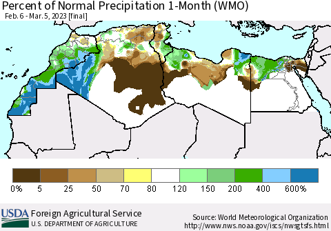 North Africa Percent of Normal Precipitation 1-Month (WMO) Thematic Map For 2/6/2023 - 3/5/2023