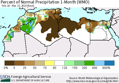 North Africa Percent of Normal Precipitation 1-Month (WMO) Thematic Map For 2/16/2023 - 3/15/2023