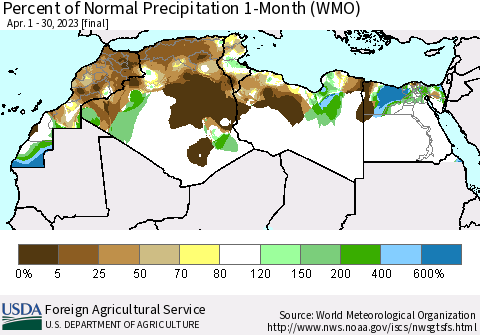 North Africa Percent of Normal Precipitation 1-Month (WMO) Thematic Map For 4/1/2023 - 4/30/2023