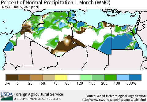 North Africa Percent of Normal Precipitation 1-Month (WMO) Thematic Map For 5/6/2023 - 6/5/2023
