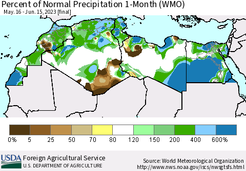 North Africa Percent of Normal Precipitation 1-Month (WMO) Thematic Map For 5/16/2023 - 6/15/2023