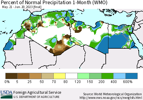 North Africa Percent of Normal Precipitation 1-Month (WMO) Thematic Map For 5/21/2023 - 6/20/2023