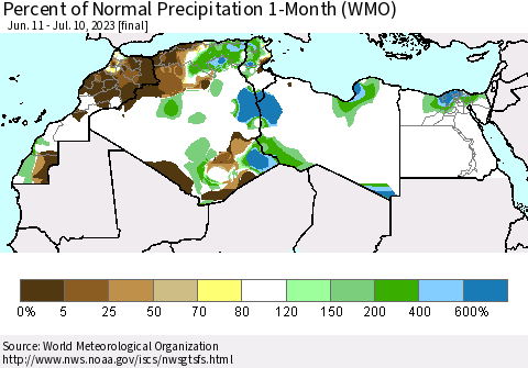 North Africa Percent of Normal Precipitation 1-Month (WMO) Thematic Map For 6/11/2023 - 7/10/2023