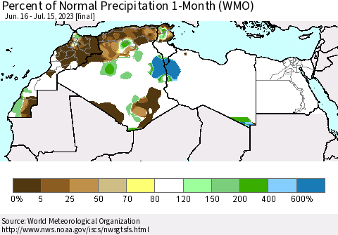 North Africa Percent of Normal Precipitation 1-Month (WMO) Thematic Map For 6/16/2023 - 7/15/2023