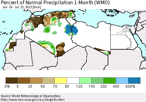 North Africa Percent of Normal Precipitation 1-Month (WMO) Thematic Map For 6/26/2023 - 7/25/2023