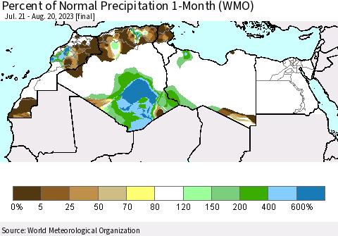 North Africa Percent of Normal Precipitation 1-Month (WMO) Thematic Map For 7/21/2023 - 8/20/2023
