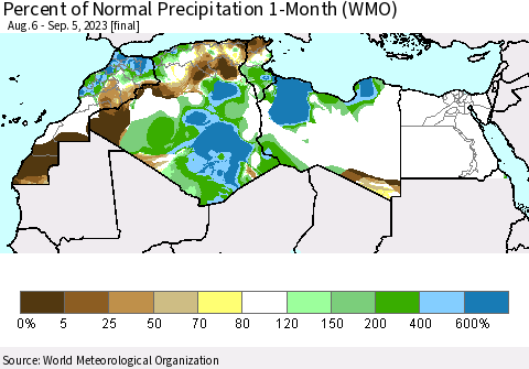North Africa Percent of Normal Precipitation 1-Month (WMO) Thematic Map For 8/6/2023 - 9/5/2023
