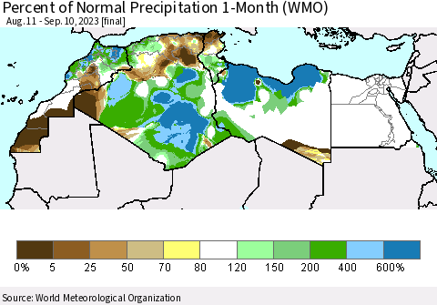 North Africa Percent of Normal Precipitation 1-Month (WMO) Thematic Map For 8/11/2023 - 9/10/2023