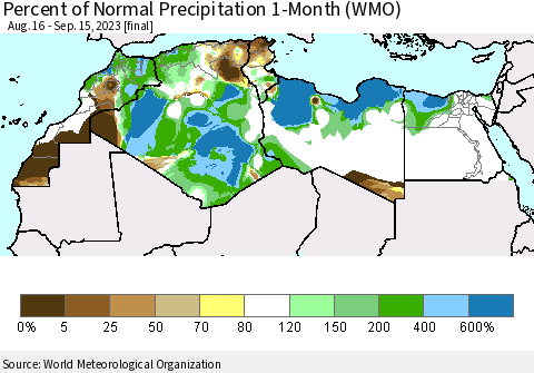 North Africa Percent of Normal Precipitation 1-Month (WMO) Thematic Map For 8/16/2023 - 9/15/2023