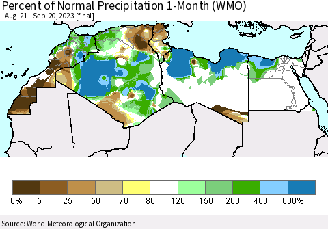 North Africa Percent of Normal Precipitation 1-Month (WMO) Thematic Map For 8/21/2023 - 9/20/2023