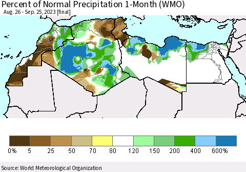 North Africa Percent of Normal Precipitation 1-Month (WMO) Thematic Map For 8/26/2023 - 9/25/2023