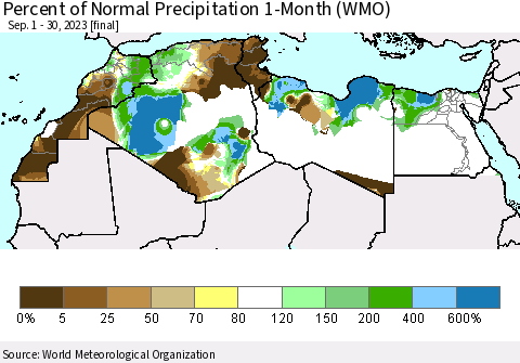 North Africa Percent of Normal Precipitation 1-Month (WMO) Thematic Map For 9/1/2023 - 9/30/2023