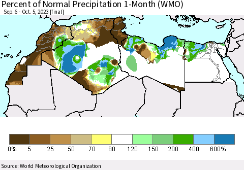 North Africa Percent of Normal Precipitation 1-Month (WMO) Thematic Map For 9/6/2023 - 10/5/2023