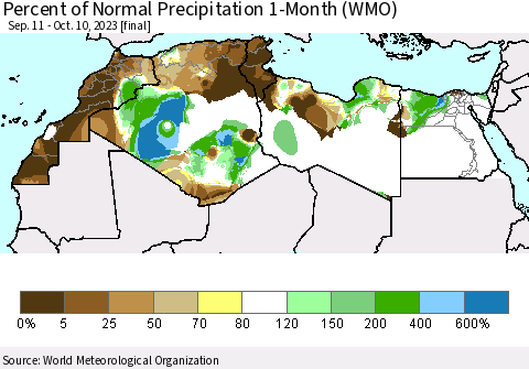North Africa Percent of Normal Precipitation 1-Month (WMO) Thematic Map For 9/11/2023 - 10/10/2023