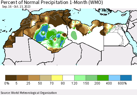 North Africa Percent of Normal Precipitation 1-Month (WMO) Thematic Map For 9/16/2023 - 10/15/2023
