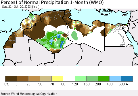 North Africa Percent of Normal Precipitation 1-Month (WMO) Thematic Map For 9/21/2023 - 10/20/2023