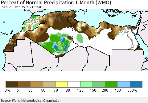 North Africa Percent of Normal Precipitation 1-Month (WMO) Thematic Map For 9/26/2023 - 10/25/2023