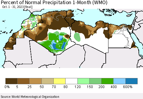 North Africa Percent of Normal Precipitation 1-Month (WMO) Thematic Map For 10/1/2023 - 10/31/2023