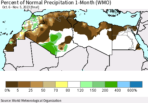 North Africa Percent of Normal Precipitation 1-Month (WMO) Thematic Map For 10/6/2023 - 11/5/2023
