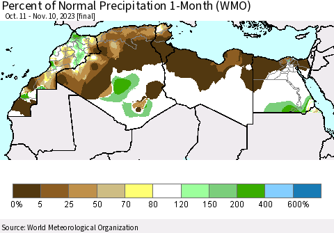 North Africa Percent of Normal Precipitation 1-Month (WMO) Thematic Map For 10/11/2023 - 11/10/2023