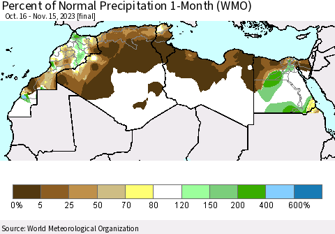 North Africa Percent of Normal Precipitation 1-Month (WMO) Thematic Map For 10/16/2023 - 11/15/2023
