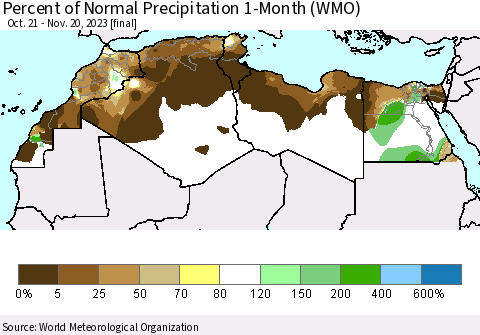 North Africa Percent of Normal Precipitation 1-Month (WMO) Thematic Map For 10/21/2023 - 11/20/2023