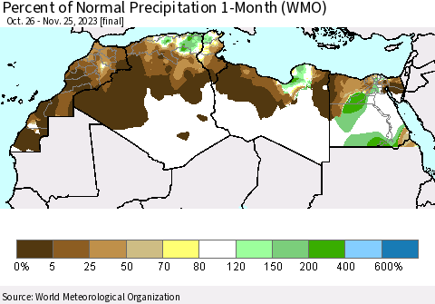 North Africa Percent of Normal Precipitation 1-Month (WMO) Thematic Map For 10/26/2023 - 11/25/2023